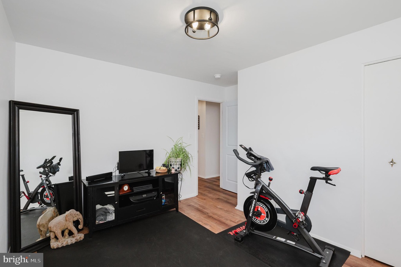 Home gym with a spinning bike on a black mat, a TV stand, and a tall mirror in a bright, minimalist room.
