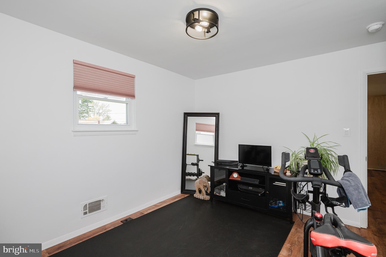 Home gym setup with an exercise bike facing a TV stand, mirror, plant, and a window with a pink blind May be concise