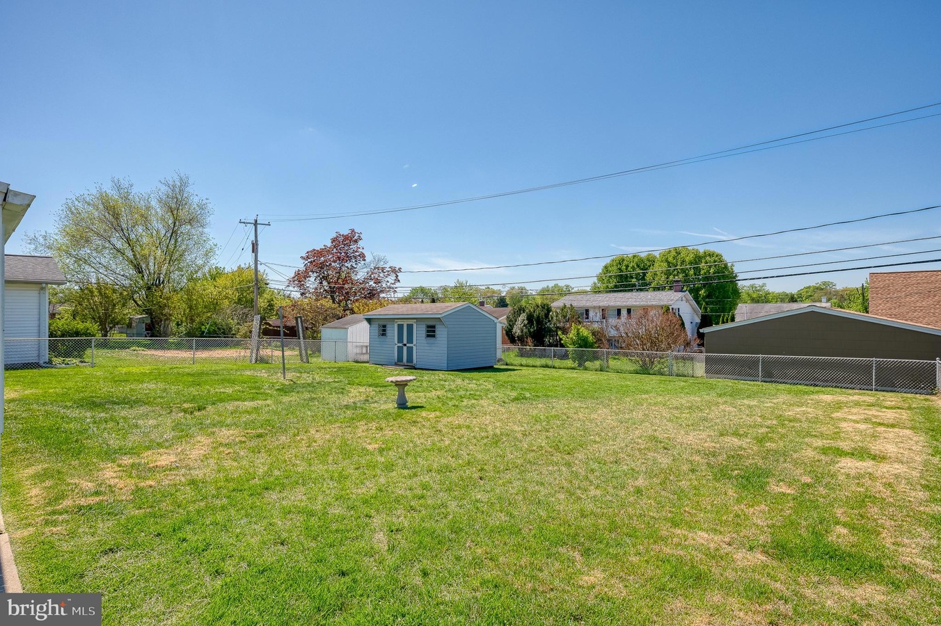 Spacious backyard with a light-blue shed, birdbath in the center, and a chain-link fence against neighboring houses under a clear blue sky.