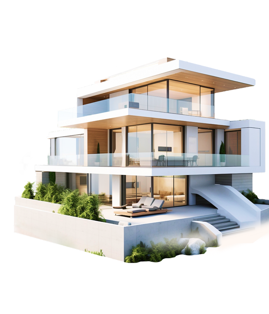 Modern three‑story glass-walled house with spacious terraces and landscaped surroundings.