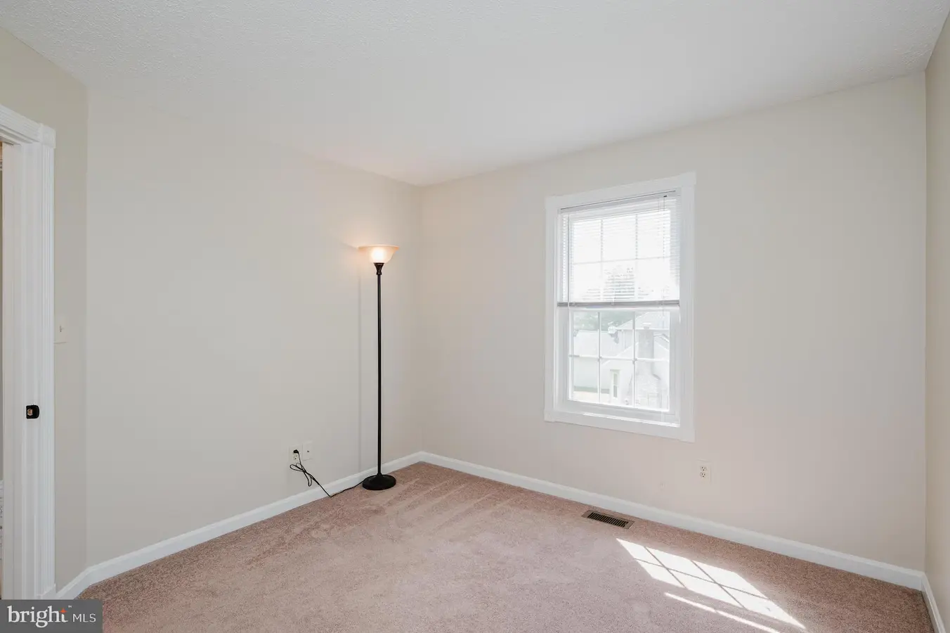Empty beige-carpeted bedroom with a single floor lamp, a window with blinds, and white baseboard trim.