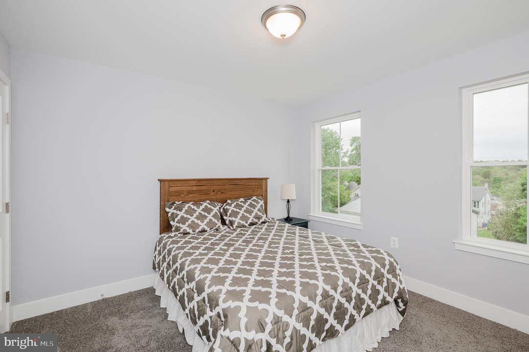 Bedroom with a wooden headboard queen bed, gray geometric duvet, two windows showing greenery, and a nightstand with a lamp on the right side.