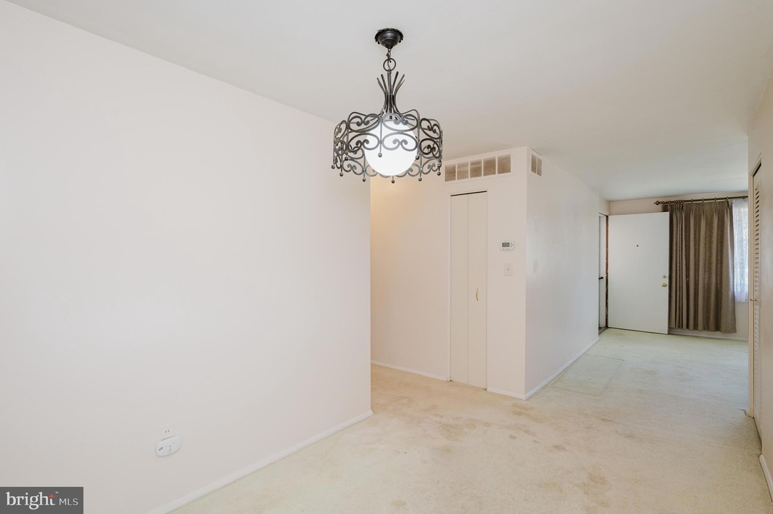 Empty beige-carpeted hallway with a decorative wrought-iron chandelier and a closet door on the right.