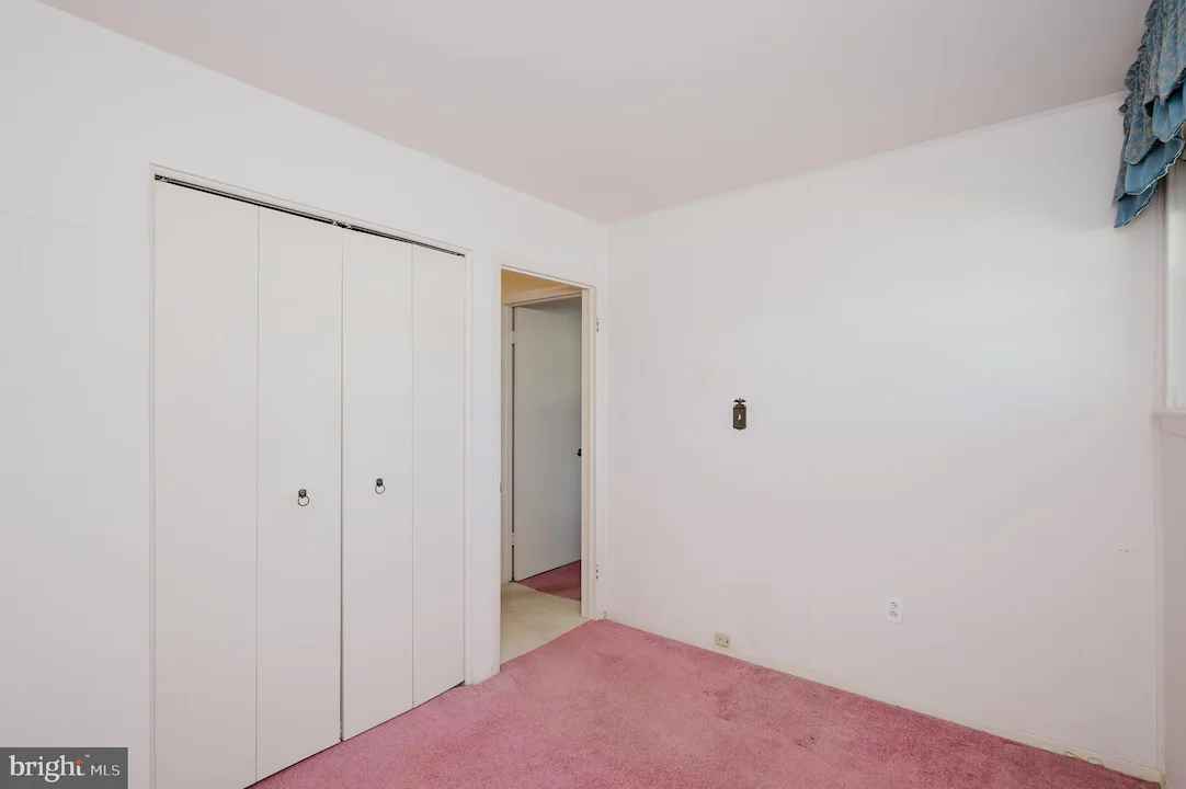 Plain white bedroom with pink carpet, a two-door closet on the left and an open doorway to a hallway on the far wall, plus a window with blue valances on the right corner.