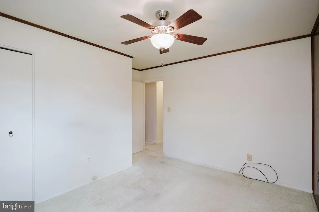 Empty bedroom with white walls, dark wood trim, and a ceiling fan; doorway to hall and closet on the left with a loose cable on the carpet outside the outlet.