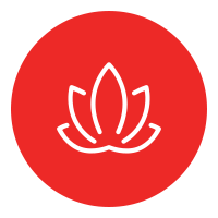Logo: white lotus icon inside a red circle.