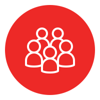 Group of six stylized people icons forming a team on a red circular background.