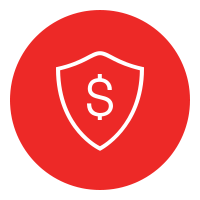 Red circular badge featuring a white shield with a dollar sign, symbolizing payment security.