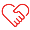 Red outline of two hands shaking inside a heart, symbolizing partnership and trust.