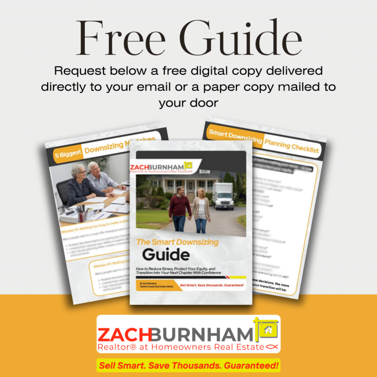 Promo banner for a free digital guide, 'The Smart Downsizing Guide' by Zach Burnham, with three overlapping brochure covers and a logo on an orange band.