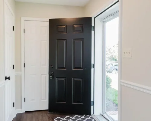 Open black front door in a bright entry hall with white doors, dark wood floor, and a gray geometric rug by the doorway.