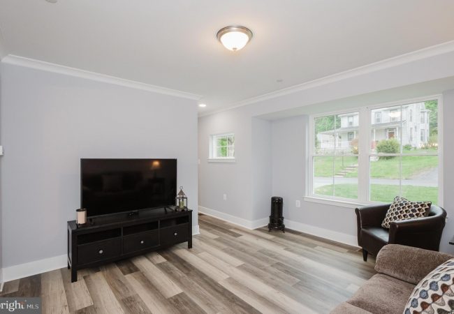 Living room with a flat-screen TV on a black media console, beige sofa, and a large window letting in daylight outside edge light fixture above.