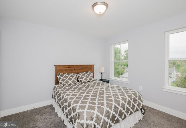 Bedroom with a wooden headboard queen bed, gray geometric duvet, two windows showing greenery, and a nightstand with a lamp on the right side.