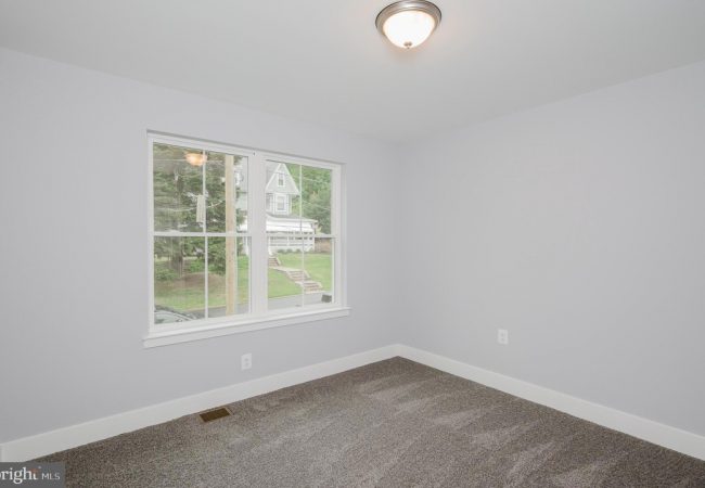 Empty bedroom with light gray walls, beige carpet, and a central ceiling light fixture; window shows a suburban street outside.