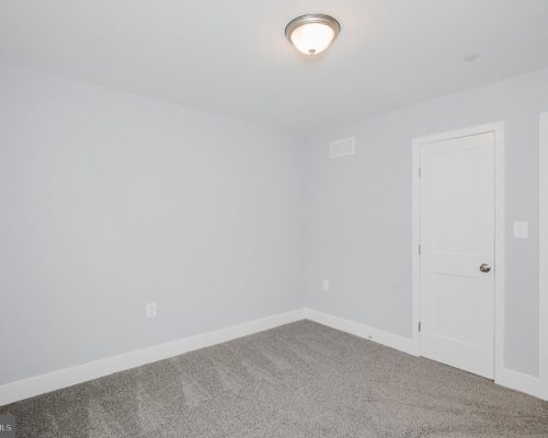 Small empty bedroom with light gray walls, white trim, beige carpet, and a ceiling light fixture in the center of the ceiling.