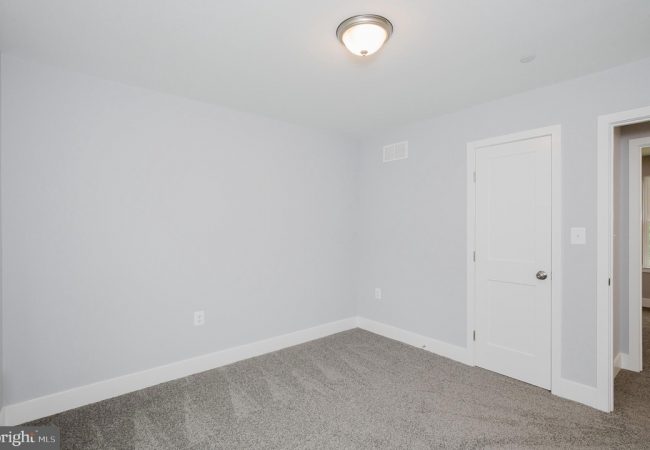 Small empty bedroom with light gray walls, white trim, beige carpet, and a ceiling light fixture in the center of the ceiling.
