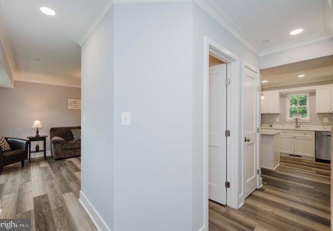 Bright hallway with light gray walls and wood-look flooring, opening to a living room on the left and a white kitchen on the right.