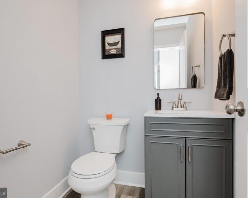 Small bathroom with a gray cabinet vanity, white sink, mirror, and toilet against pale walls.