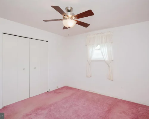 Empty bedroom with pink carpet, white walls, a ceiling fan, and a window with sheer curtains on the right.