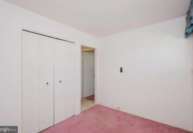 Plain white bedroom with pink carpet, a two-door closet on the left and an open doorway to a hallway on the far wall, plus a window with blue valances on the right corner.