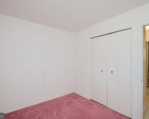 Empty bedroom with white walls, pink carpet, and a double-door closet; doorway to a bathroom is visible on the right.