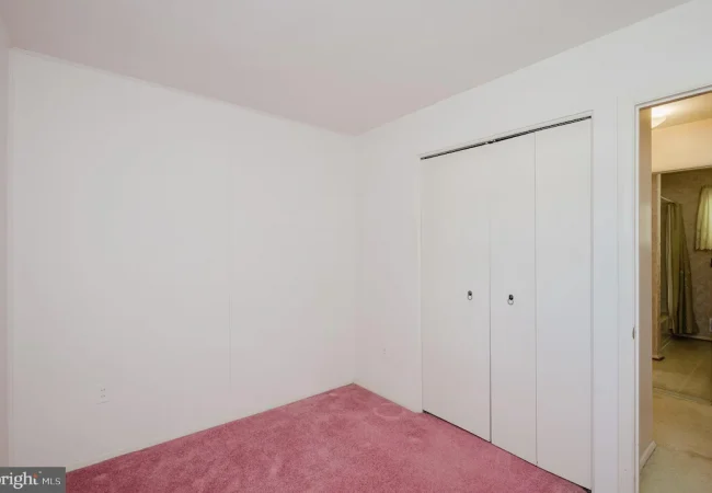 Empty bedroom with white walls, pink carpet, and a double-door closet; doorway to a bathroom is visible on the right.