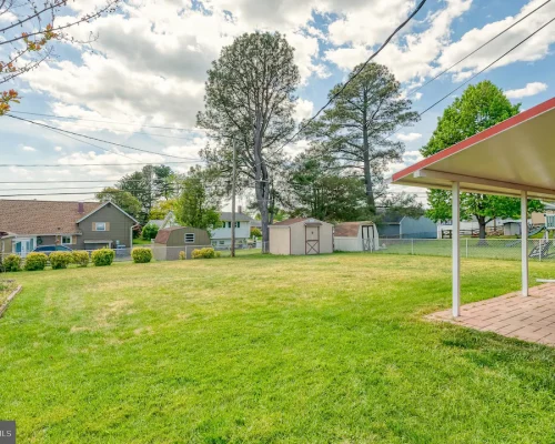 Wide view of a suburban backyard with a green lawn, sheds, and tall trees beyond a chain-link fence, plus a covered patio on the right.