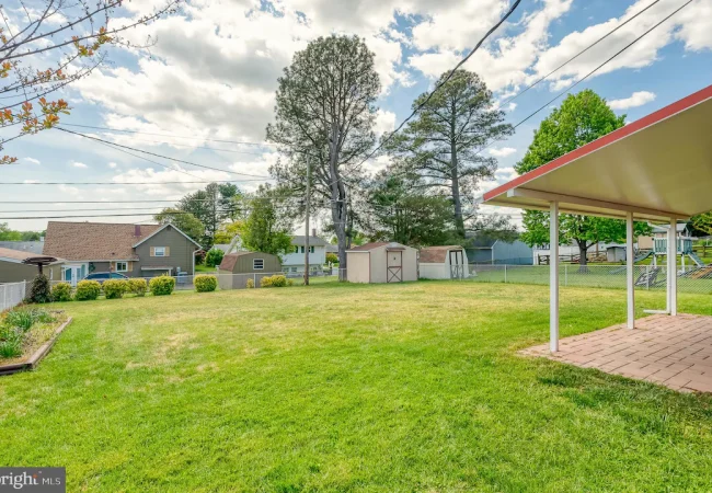 Wide view of a suburban backyard with a green lawn, sheds, and tall trees beyond a chain-link fence, plus a covered patio on the right.