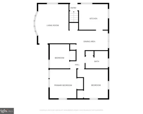 Floor plan of a home showing entry with stairs, living room to the left, kitchen to the right, and a central dining area with three bedrooms and one bath connected by a hall.