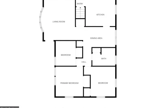 Floor plan of a home showing entry with stairs, living room to the left, kitchen to the right, and a central dining area with three bedrooms and one bath connected by a hall.