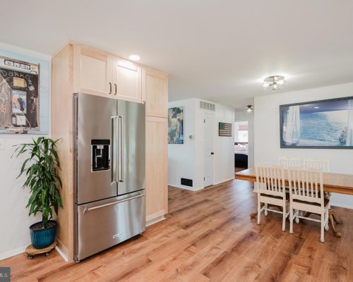 Kitchen with stainless steel French-door refrigerator, light wood cabinets, and a potted plant beside it.