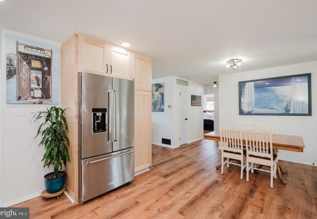 Kitchen with stainless steel French-door refrigerator, light wood cabinets, and a potted plant beside it.