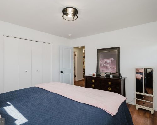 Bedroom with a blue quilt, pink throw, and white walls; a dark wooden dresser sits against the wall with a framed leopard art print above it.