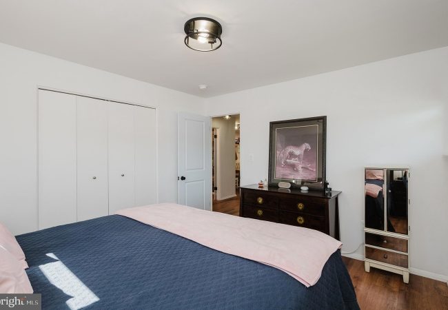 Bedroom with a blue quilt, pink throw, and white walls; a dark wooden dresser sits against the wall with a framed leopard art print above it.