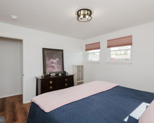 Bedroom with white walls, a dark dresser topped by a framed leopard print, and a bed covered in a navy quilt with a pink throw. Limit: concise and informative for screen readers.