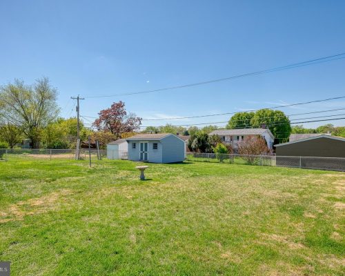 Spacious backyard with a light-blue shed, birdbath in the center, and a chain-link fence against neighboring houses under a clear blue sky.