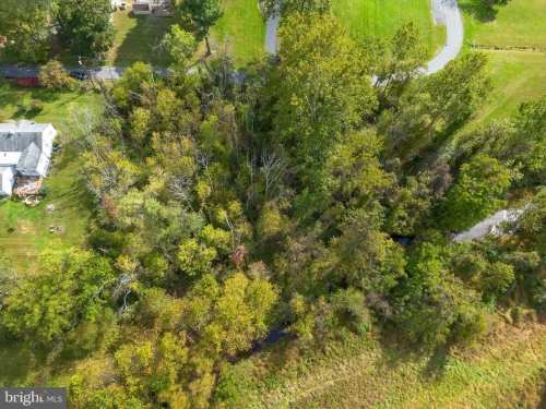 Aerial view of a wooded residential lot with dense trees around a house on the left and a curved road at the top edge.